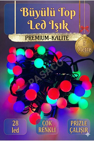 PASACO 5 Metre 28li Uzatılabilir Fişli Siyah Kablo Dekoratif Top LED Işık RGB...