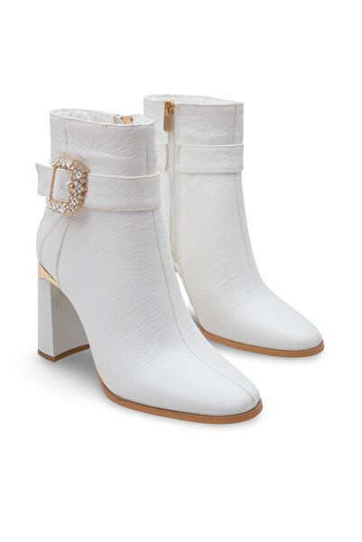Women Lay-z Women's White Snake Patent Leather Boots, 9.5 cm Heel, Square Toe, Shiny Buckle and Gold Detailed Elegan Model