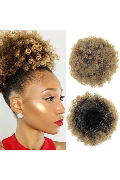 OEM Star Flower Afro Puff Hairpiece with Elastic or Clips, Short Curly Synthetic (Black/Brown-Copper)