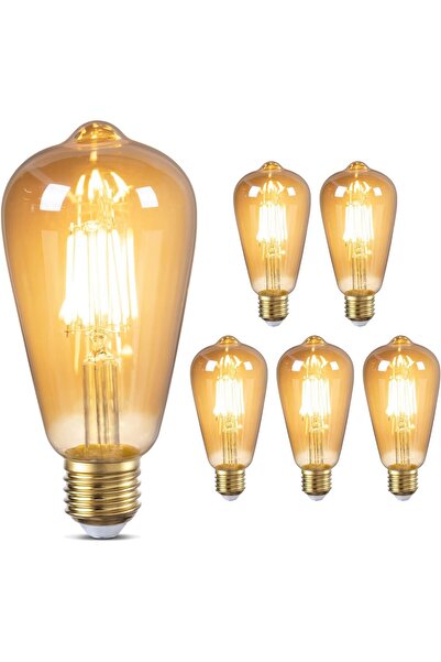 HYX LED Edison Bulb, 6-Pack 4W E27 ST64 Vintage Amber Glass, 2700K Warm White, Dimmable