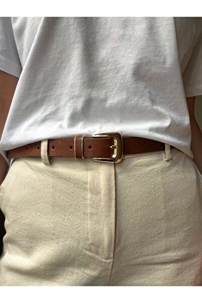 Eksibir Gold Tokalı Taba Rengi Kadın Kemeri Elbise Kemeri Pantolon Kemeri