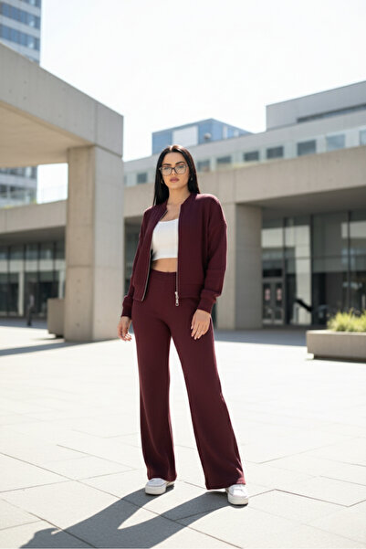 EYLANA Plum Fleece-Lined Knit Pants Bomber Jacket Women's Set
