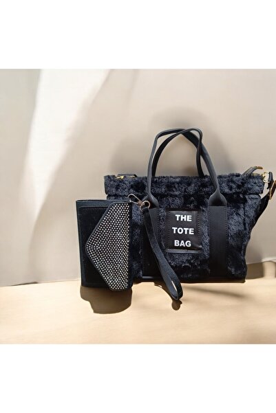 ZİVORA Women's Black Column Strap Fur Plush Crossbody Bag with Stone Multi-Compartment Wallet Set