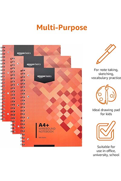 Amazon basics Spiral Notebook, 200 pages (100 sheets), A4+, 80gsm, Red, Pack of 3