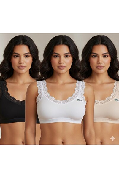 Twentyipek Kadın Pamuklu 3'lü Dantelli Içi Pedli Toparlayıcı Yarım Atlet Kalın Askılı Sütyen