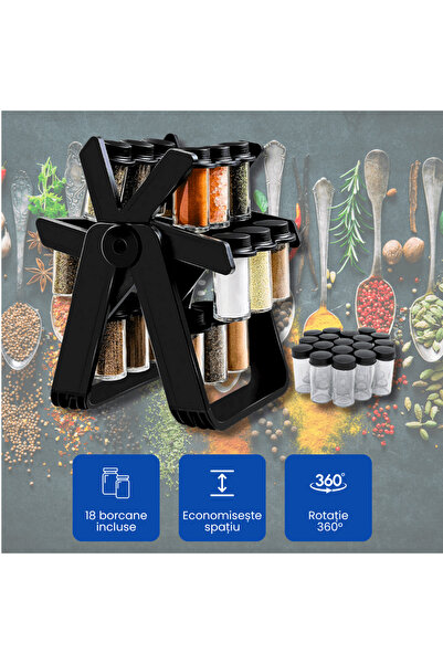 OferteTop Organizator Rotativ pentru Condimente la 360° cu 18 Borcane Incluse