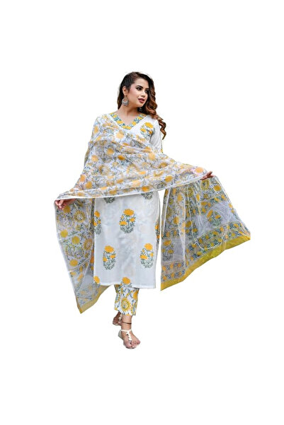 MYSMAR White Viscose Cotton Salwar Kameez & Dupatta Set - ALV1101 | White