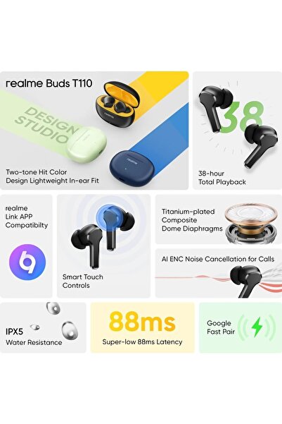Generic Realme Buds With AI ENC For Calls, Fast Charging Bluetooth Headset - T110
