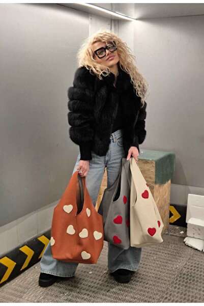 LAURA OLARU Camel SACK Bag with Cream Hearts