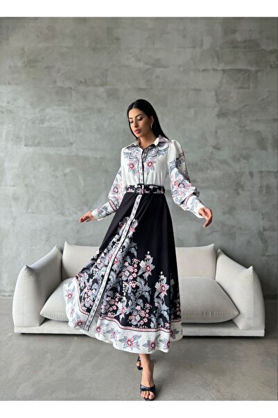 WellWay Rochie Atlas din țesătură cu detaliu cu nasturi (CUREA INCLUSĂ)-Negru...