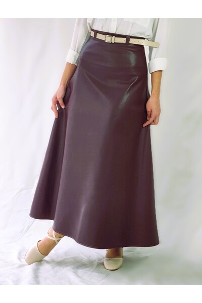 YAXİ Belt-Detail Maxi Size Loose Cherry Crush Color Leather Skirt
