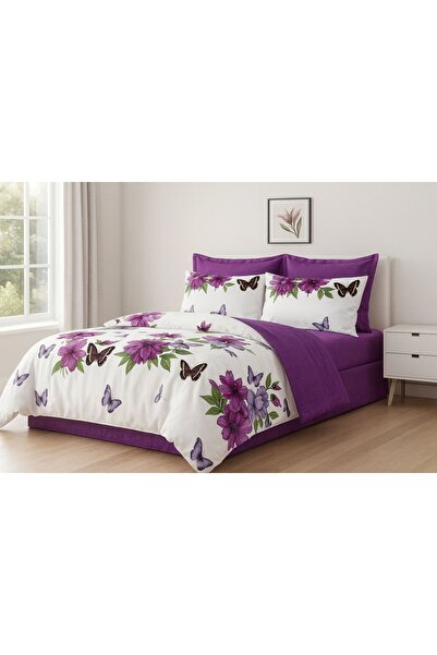 Casa Pucioasa 6-Piece Fine Cotton Bedding Set – Purple Floral Design with Delicate Butterflies