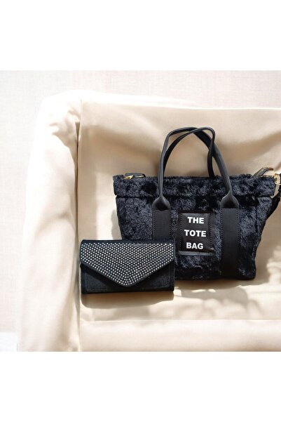 ZİVORA Women's Black Column Strap Fur Plush Crossbody Bag with Stone Multi-Compartment Wallet Set