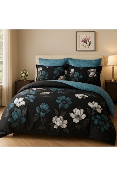 Casa Pucioasa 6-piece Finet Cotton Bedding Set – Turquoise & White Floral on Black