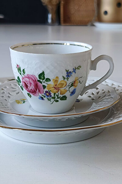 Bavaria Schumann Arzberg Tradition Flower Bouquet Antique Coffee Cup Set 3 Pieces 120 ml