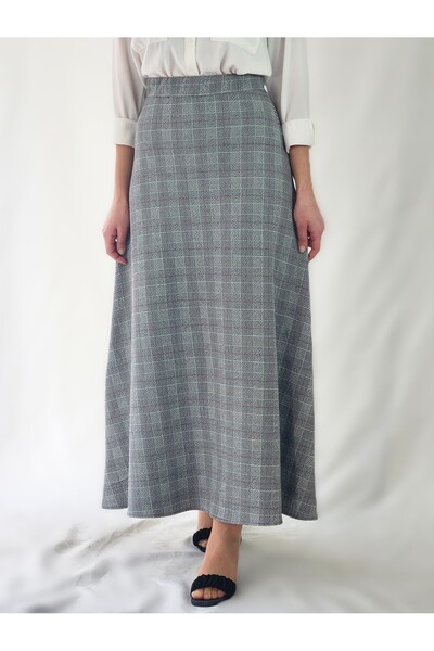 YAXİ Gray Plaid Maxi Flare Skirt with Elastic Waist
