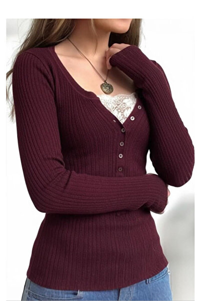 Köstebek Beyaz Dantelli Düğmeli Uzun Kollu Basic Bluz