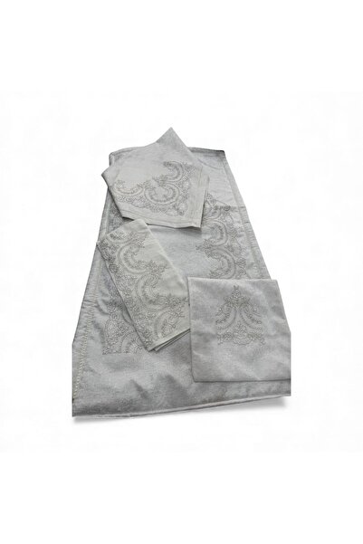 zhrcollection Velvet Dowry Gift Gray Prayer Rug Set 5 Pieces Guipure Embroide...