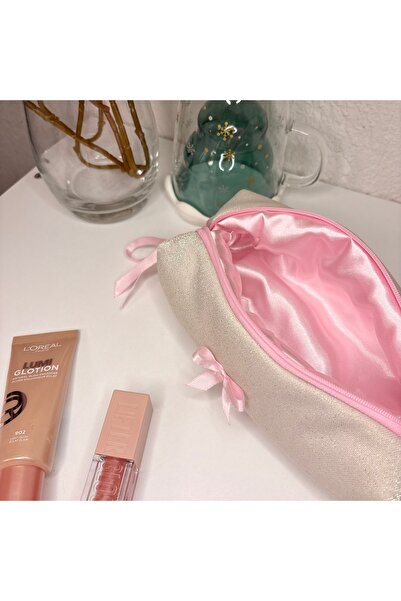 PİNKUE Pembe Saten Astarlı Simli Makyaj Çantası/ Kalemlik – El Yapımı, Geniş Hacimli, Özel Tasarım