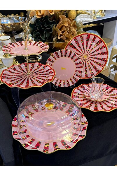 LOKMAN ZÜCCACİYE SHOWROOM 34 PARÇA 6 KİŞİLİK YALDIZ DETAYLI CAM ÇAY PASTA İKR...