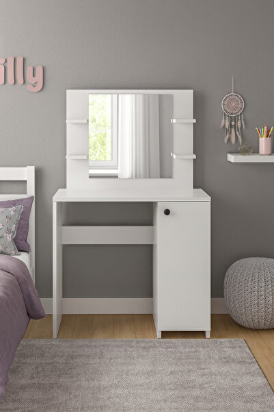258 MoLife Makyaj Masası 4 Raflı Aynalı Kapaklı Dolaplı Beyaz Lima