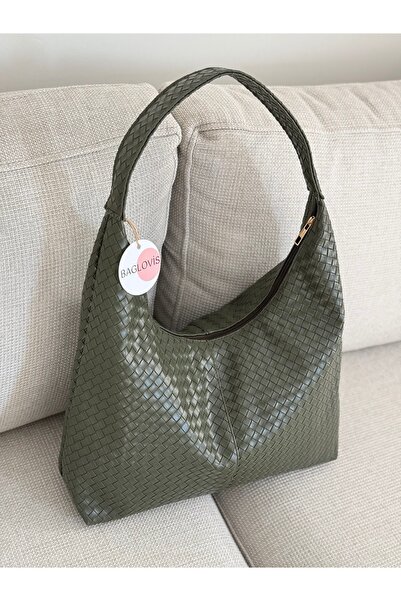 BAGLOVİS Simple Sleek Knitted Leather Detail Khaki Women's Shoulder Bag En40 Boy27