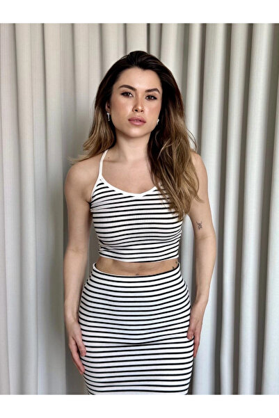 ZENGEZUR MALL Drnds Striped Skirt Crop Set White (220144) (Size: S)