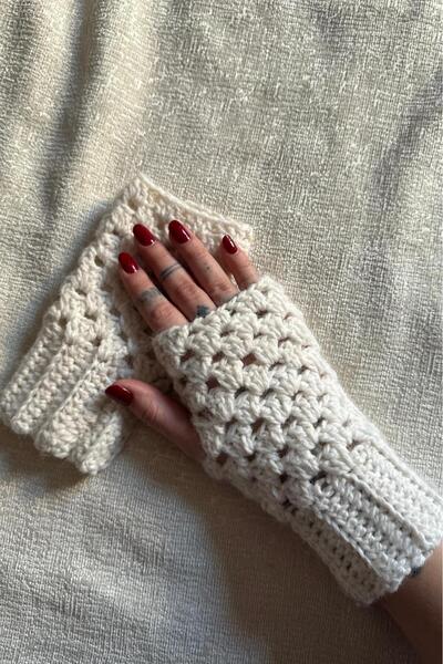 MELUSH Beyaz El Örgüsü Parmaksız Eldiven - Tığ İşi, El Yapımı, Örgü