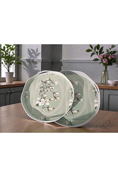 Canbay Store 2 li Ada Yeşil Beyaz Çiçek Desenli Tepsi Sunum Tepsisi