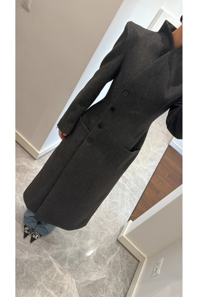 My Blog Anthrazitfarbener Premium-Mantel mit langer Taille – 2825