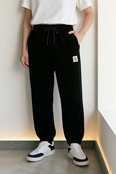COMBİNE MİCHAİL Men's Loose Black Sweatpants with Elastic Waist