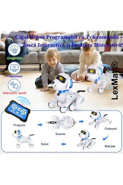 LexMat Intelligent Robot Dog White with Blue, 3 years+, with Remote Control, LED Lights, Music, Dancing and