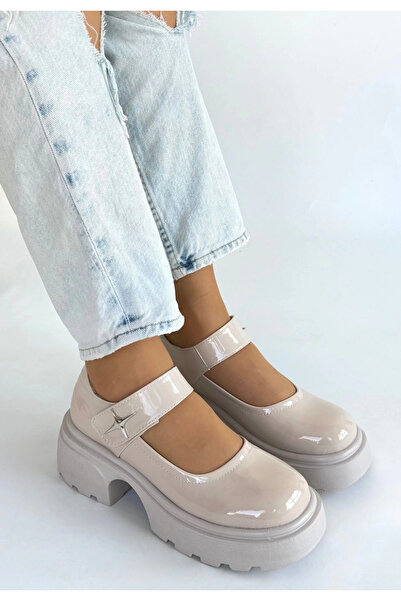 ZENGEZUR MALL Drnds Siyat Beige Patent Leather Wedge Heel Oxford Shoes (215113) (Size: 37)