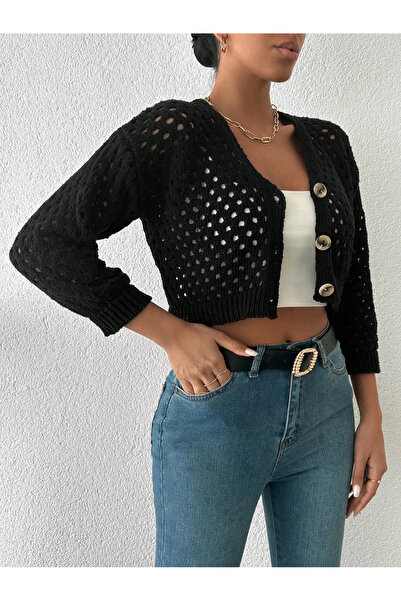 ZENGEZUR MALL Drnds Big Button Hollow Out Cardigan Black (221423) (Size: Standard)