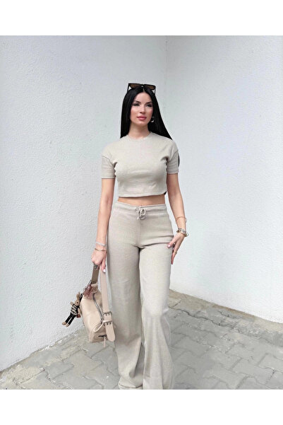 ZENGEZUR MALL Drnds Wide Leg Pants Top and Bottom Set Beige (220832) (Size: L)