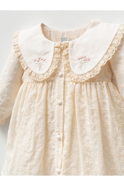 Noy Noy Kız Bebek Elbise Otantik Elbise Bebek Yaka Çiçek İşlemeli 9-24 Ay Arası