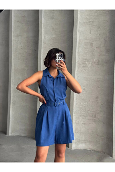 ZENGEZUR MALL Drnds Collared Shorts Jumpsuit Blue (215024) (Size: m)