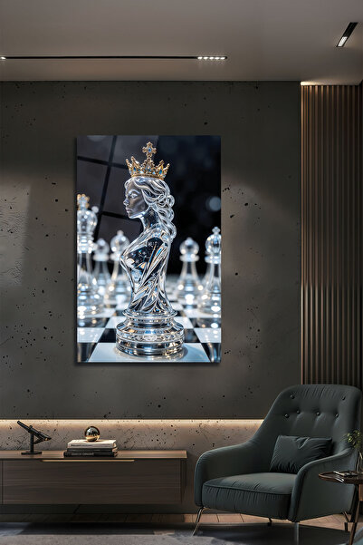 B&G DESIGN Kristal Kraliçe Satranç Taşı Altın Taçlı Fantastik Dekoratif Cam Tablo Modern Salon ve Ofis Dekoru