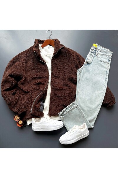 giyimadam16 Oversized -Plush Cardigan Men's Fleece Baggy Jeans Pantalon