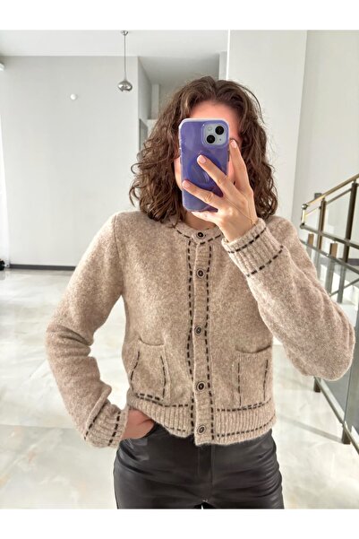 Sude Kızanlıklı Piped Detail Pocket Soft Knit Cardigan