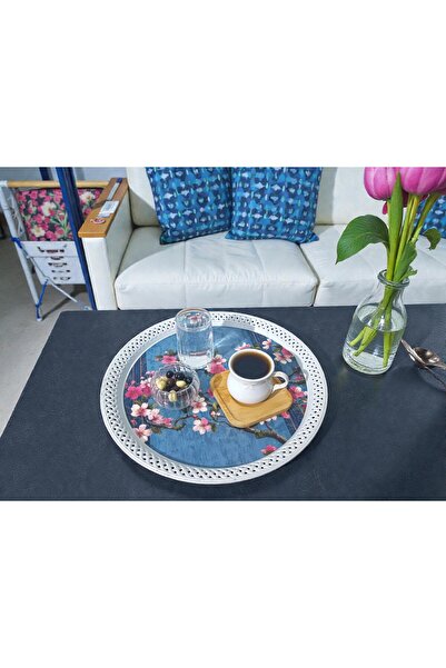 Canbay Store 3 Adet Örgülü Mavi Sakura Desenli Tepsi Sunum Tepsisi