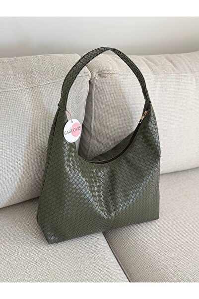 BAGLOVİS Simple Sleek Knitted Leather Detail Khaki Women's Shoulder Bag En40 Boy27