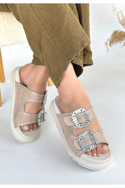 ZENGEZUR MALL Drnds Juana Beige Nubuck Stone Slippers (215133) (Size: 37)