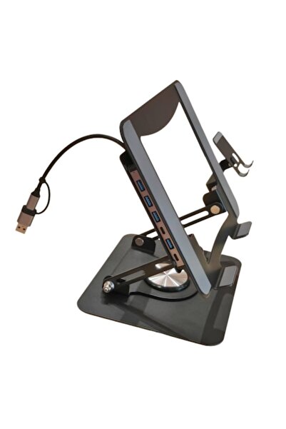 Nubiqo Adjustable Carbon Steel Laptop Stand with 4-Port USB Hub and Phone Holder, Gray