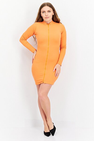 I Saw It First Women Ribbed Zip Through Bodycon Dress, Orange