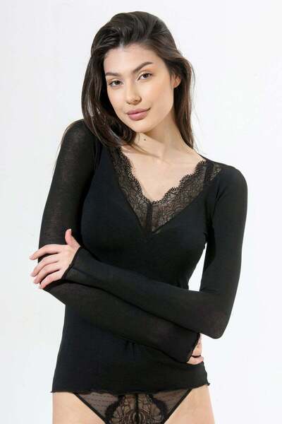 Piera Black cashmere V-neck blouse BL007