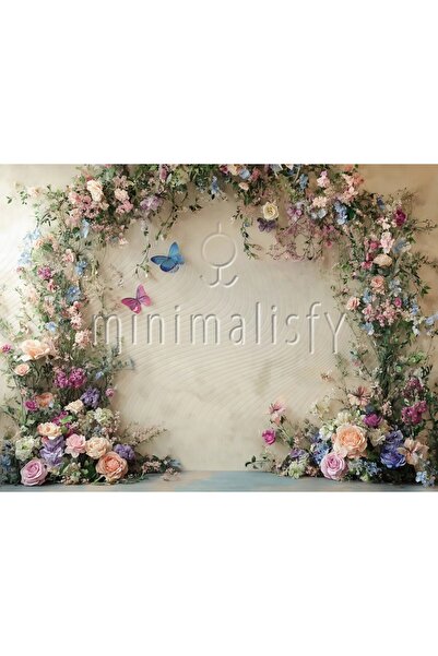 Minimalisfy Romantik Çiçek ve Kelebek Temalı Stüdyo Arka Planı 200x150cm Bask...
