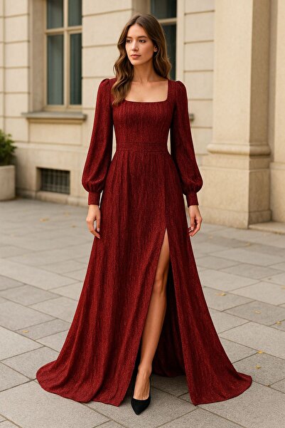 stylingpark Kare Yaka Balon Kol Yırtmaç Detaylı Maxi Boy Elbise