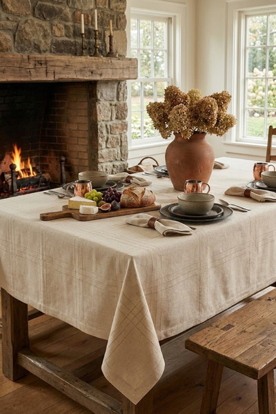 Findify Store Jasmin Cream Linen Textured Tablecloth Stain Resistant, Soft Surface