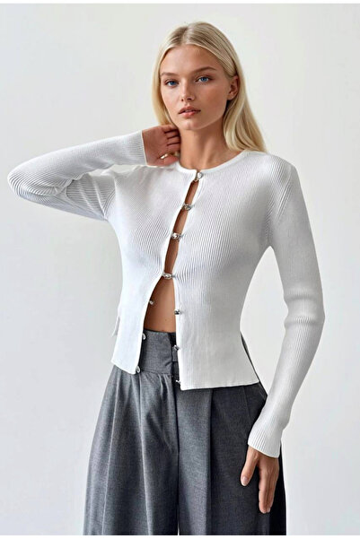 jöns since 1997 Women's Silver Buttoned Sides Slit Corded Fabric Knitwear Cardigan